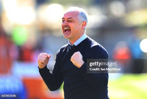 Dundee United manager Ray McKinnon celebrates during the Irn-Bru Cup Final between Dundee United and St Mirren at Fir Park on March 25, 2017 in...