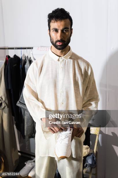 Model backstage ahead of the Tair Presented by Pepsi Presentation at Fashion Forward March 2017 held at the Dubai Design District on March 25, 2017...