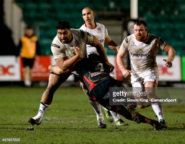 Ulster's Rodney Ah You is tackled by Newport Gwent Dragons' Nick Crosswell during the Guinness Pro12 Round 18 match between Newport Gwent Dragons and...