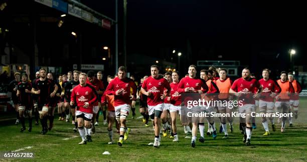 Newport Gwent Dragons and Ulster head to the changing rooms during the Guinness Pro12 Round 18 match between Newport Gwent Dragons and Ulster Rugby...