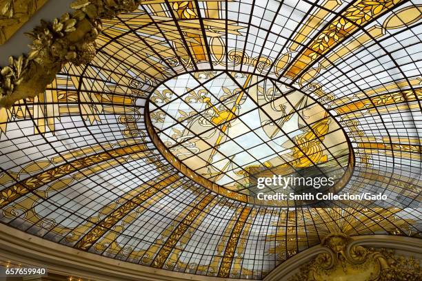 Ornate stained glass ceiling of the Rotunda at Neiman Marcus, a classic location for high tea in Union Square, San Francisco, California, March 17,...