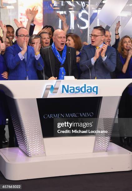 Michael Sapienza, Fashion designer Carmen Marc Valvo and NASDAQ OMX Vice President Joseph Brantuk and The Colon Cancer Alliance ring the Nasdaq Stock...