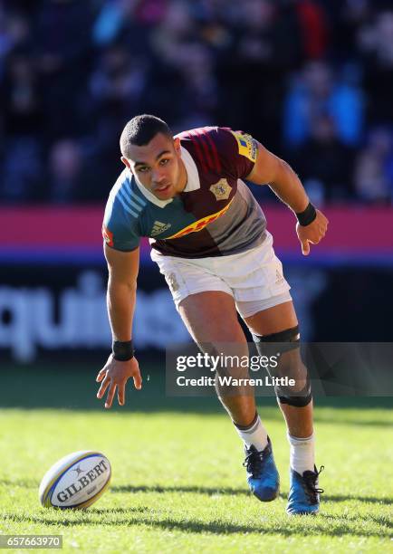 Joe Marchant of Harlequins scores an interception try during the Aviva Premiership match between Harlequins and Newcastle Falcons at Twickenham Stoop...