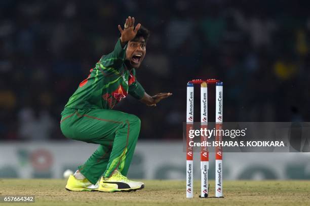 Bangladesh cricketer Mehedi Hasan unsuccessfully appeals for the wicket of Sri Lankan cricketer Dinesh Chandimal during the first one day...