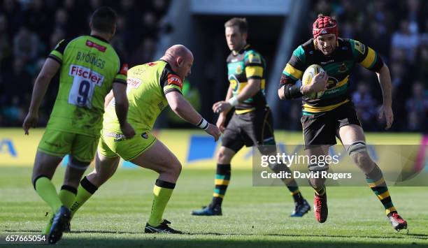 Christian Day of Northampton charges upfield during the Aviva Premiership match between Northampton Saints and Leicester Tigers at Franklin's Gardens...