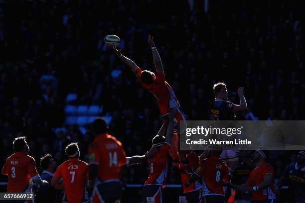 Lineout is contested during the Aviva Premiership match between Harlequins and Newcastle Falcons at Twickenham Stoop on March 25, 2017 in London,...