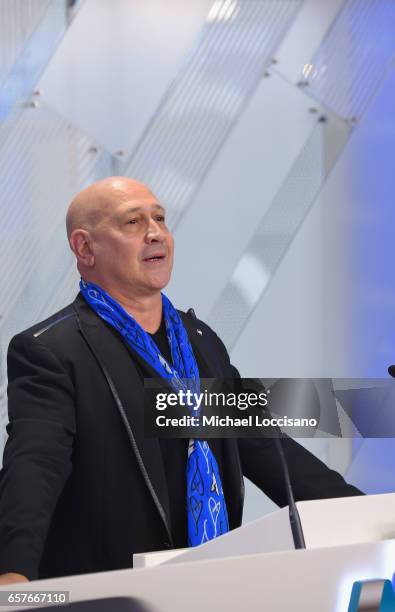 Fashion designer Carmen Marc Valvo and The Colon Cancer Alliance ring the Nasdaq Stock Market Opening Bell at NASDAQ on March 24, 2017 in New York...