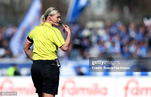 Referee Bibiana Steinhaus gestures during the Third League match between Holstein Kiel and 1. FC Magdeburg at Holstein-Stadion on March 25, 2017 in...