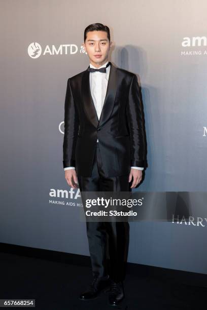 Korean actor Park Seo Joon poses at the red carpet at the amfAR Hong Kong 2017 on March 25, 2017 in Hong Kong, Hong Kong.