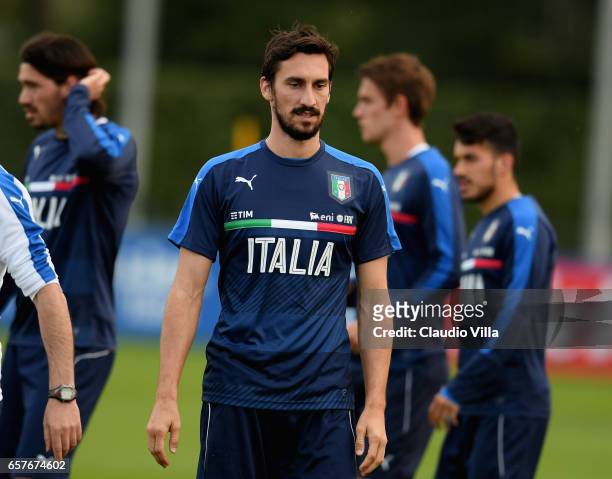 Davide Astori of Italy looks on during the training session at the club's training ground at Coverciano on March 25, 2017 in Florence, Italy.