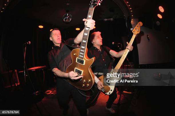 Pete Ley, Phil Ley of The Guitar Gangsters open when The Kurt Baker Combo performs at Berlin on March 24, 2017 in New York City.