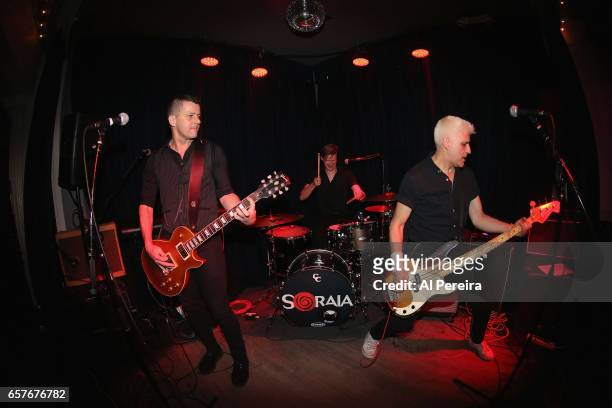 Pete Ley, Steve Brewer, Phil Ley of The Guitar Gangsters open when The Kurt Baker Combo performs at Berlin on March 24, 2017 in New York City.