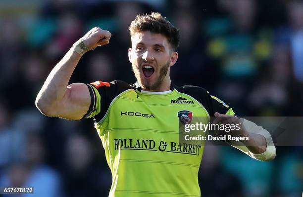 Owen Williams of Leicester celebrates after kicking a last minute, match winning penalty during the Aviva Premiership match between Northampton...