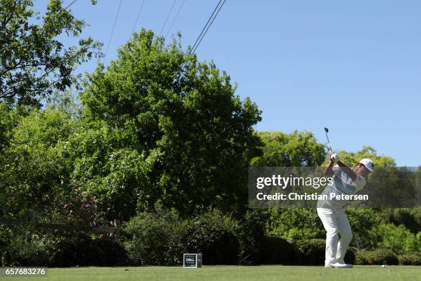 Hideto Tanihara of Japan tees off on the 17th hole of his match during round four of the World Golf Championships-Dell Technologies Match Play at the...