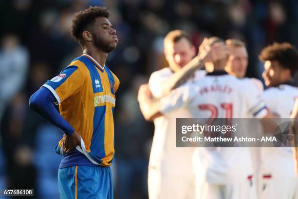 Dejected Tyler Roberts of Shrewsbury Town after the 0-2 defeat to Bolton during the Sky Bet League One match between Shrewsbury Town and Bolton...