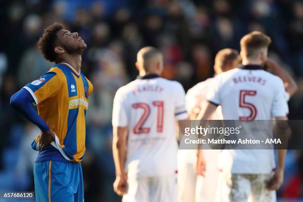 Dejected Tyler Roberts of Shrewsbury Town after the 0-2 defeat to Bolton during the Sky Bet League One match between Shrewsbury Town and Bolton...