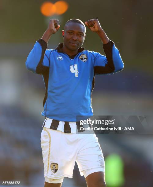 Shola Ameobi of Notts County celebrates the win after the Sky Bet League Two match between Wycombe Wanderers and Notts County at Adams Park on March...