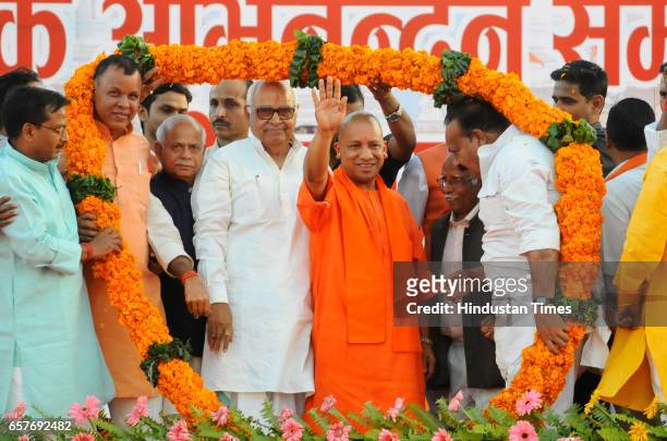 Chief Minister of Uttar Pradesh Yogi Adityanath being felicitated by his supporters on his first visit to his hometown Gorakhpur after swearing-in...