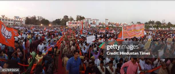 Massive crowd at Maharana Pratap Ground to welcome Chief Minister of Uttar Pradesh Yogi Adityanath on his first visit to his hometown Gorakhpur after...