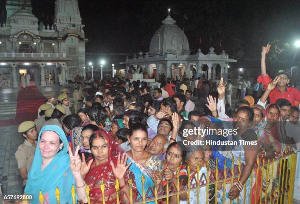 Massive crowd at Gorakhdham Temple to welcome Chief Minister of Uttar Pradesh Yogi Adityanath on his first visit to his hometown Gorakhpur after...