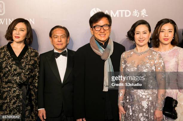 Actress Rosamund Kwan, Charles Ho, actor Jackie Chan, Pansy Ho and Kimbee Chan pose at the red carpet at the amfAR Hong Kong 2017 on March 25, 2017...