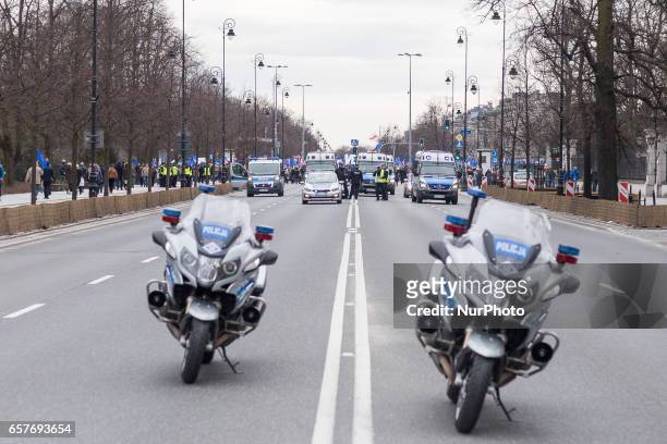 Police motorcycles during a demonstration 'I Love You Europe' to mark the 60th anniversary of the Rome treaty in Warsaw, Poland on 25 March 2017