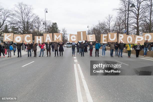 Sign 'I Love You Europe' on the street of Warsaw during a demonstration to mark the 60th anniversary of the Rome treaty in Warsaw, Poland on 25 March...