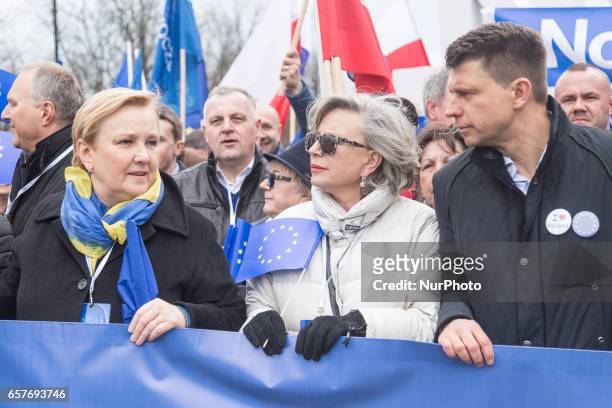 Member of the European Parliament Roza Thun, Actress Krystyna Janda, Leader of Modern party Ryszard Petru during a demonstration 'I Love You Europe'...