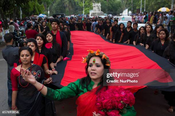 Prachyanat School of Acting and Design will take out a procession Lal Jatra, to observe the dark night of March 25, 1971 in Dhaka, Bangladesh on...