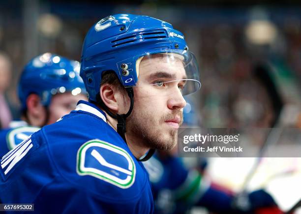 Nikita Tryamkin of the Vancouver Canucks looks on from the bench during their NHL game against the New York Islanders at Rogers Arena March 9, 2017...