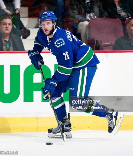 Joseph Cramarossa of the Vancouver Canucks skates up ice during their NHL game against the New York Islanders at Rogers Arena March 9, 2017 in...
