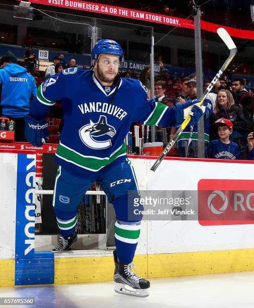 Joseph Cramarossa of the Vancouver Canucks steps onto the ice during their NHL game against the New York Islanders at Rogers Arena March 9, 2017 in...