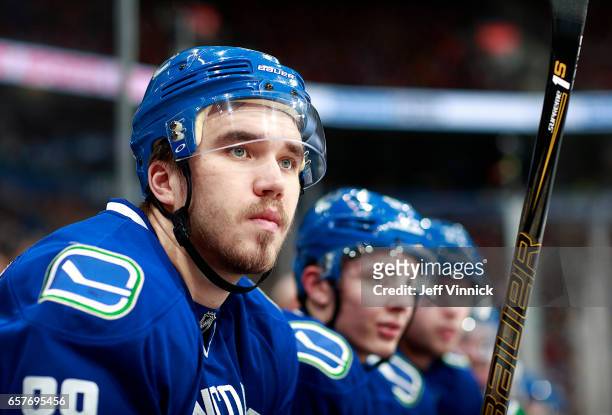 Nikita Tryamkin of the Vancouver Canucks looks on from the bench during their NHL game against the New York Islanders at Rogers Arena March 9, 2017...