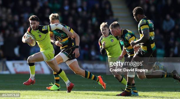 Owen Williams of Leicester breaks with the ball during the Aviva Premiership match between Northampton Saints and Leicester Tigers at Franklin's...