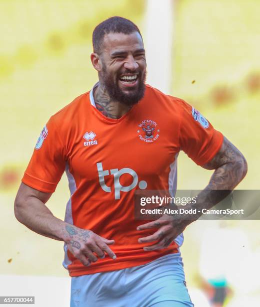 Blackpool's Kyle Vassell celebrates scoring his sides second goal during the Sky Bet League Two match between Blackpool and Hartlepool United at...