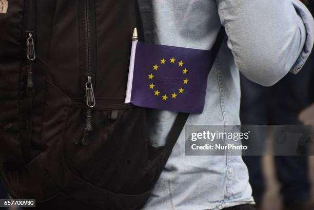 Anti-Brexit supporters take part in the Unite for Europe march on March 25, 2017 in London, United Kingdom. The British people voted to leave the...