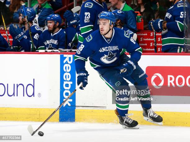 Nikita Tryamkin of the Vancouver Canucks skates up ice with the puck during their NHL game against the Pittsburgh Penguins at Rogers Arena March 11,...