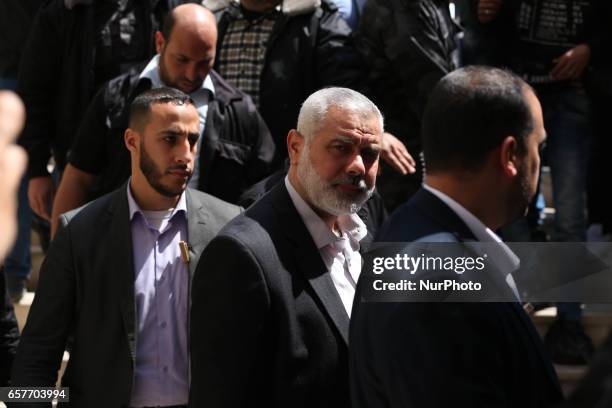 Senior Hamas leader Ismail Haniya leaves a hospital morgue in Gaza City on March 25, 2017 after gunmen in the Gaza Strip shot dead a Hamas official...