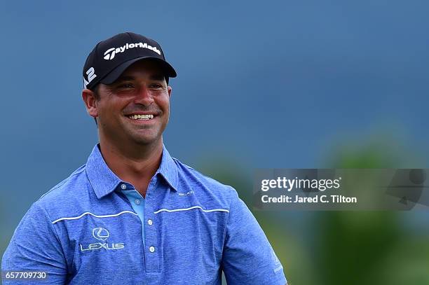 Rafael Campos of Puerto Rico shares a smile on the ninth tee box during the third round of the Puerto Rico Open at Coco Beach on March 25, 2017 in...