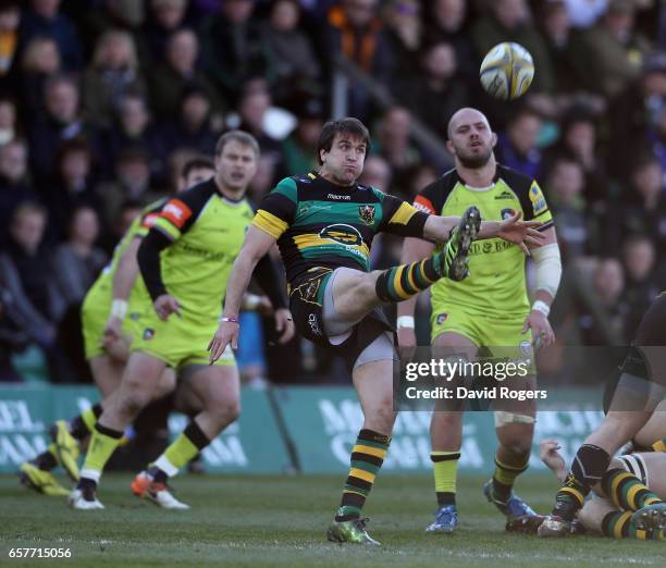 Lee Dickson of Northampton kicks the ball upfield during the Aviva Premiership match between Northampton Saints and Leicester Tigers at Franklin's...