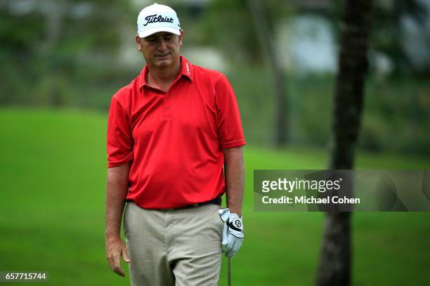 Bill Lunde reacts after his tee shot on the sixth hole during the third round of the Puerto Rico Open at Coco Beach on March 25, 2017 in Rio Grande,...