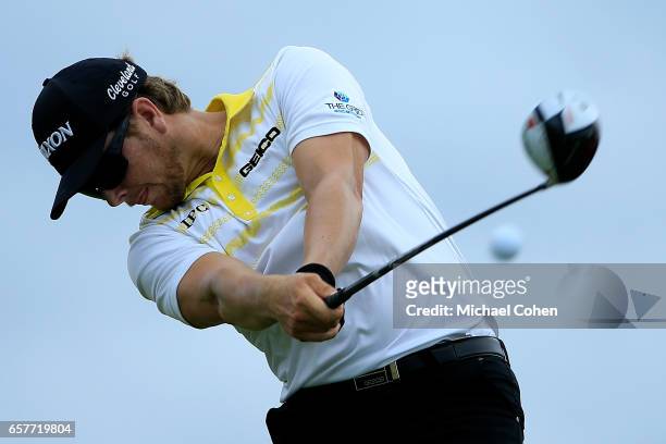 Chris Stroud plays his tee shot on the ninth hole during the third round of the Puerto Rico Open at Coco Beach on March 25, 2017 in Rio Grande,...