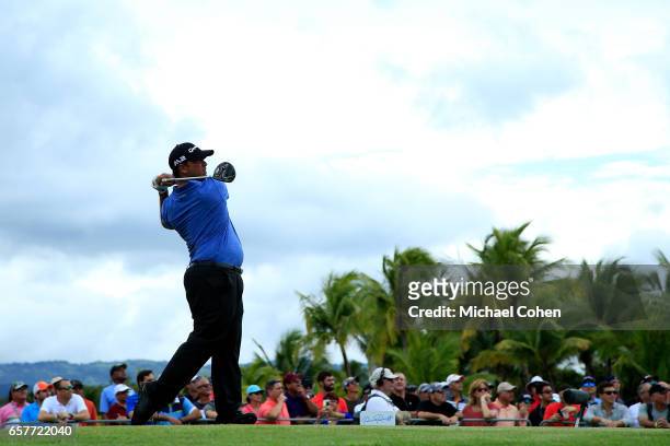 Rafael Campos of Puerto Rico plays his tee shot on the ninth hole during the third round of the Puerto Rico Open at Coco Beach on March 25, 2017 in...