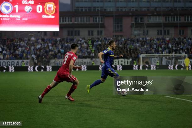 Kyle Casciaro of Gibraltar in action during the 2018 FIFA World Cup Qualification match between Bosnia and Herzegovina and Gibraltar at Bilino Polje...