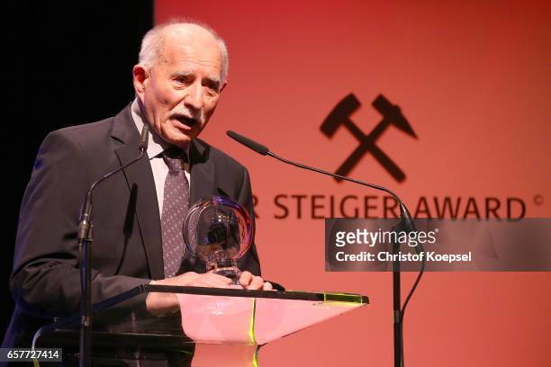 Sport commentator Werner Hansch reacts after winning the life's work award during the Steiger Award on at Coal Mine Hansemann "Alte Kaue" March 25,...