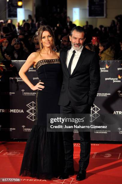 Antonio Banderas and Nikole Kimpel attend photocall during of the 20th Malaga Film Festival on March 25, 2017 in Malaga, Spain.