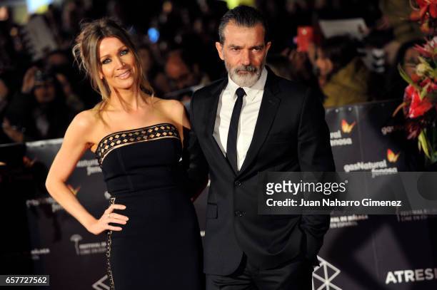 Antonio Banderas and Nikole Kimpel attend photocall during of the 20th Malaga Film Festival on March 25, 2017 in Malaga, Spain.