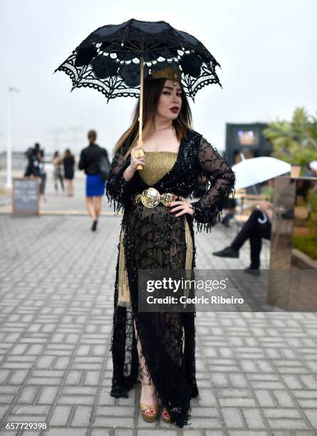 Guest attends Fashion Forward March 2017 held at the Dubai Design District on March 25, 2017 in Dubai, United Arab Emirates.