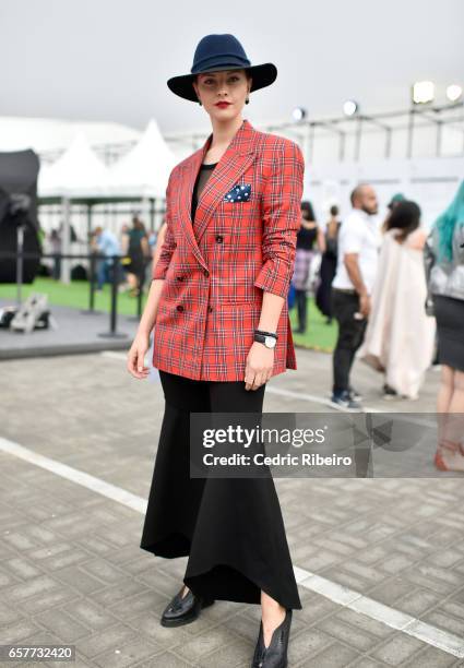 Guest attends Fashion Forward March 2017 held at the Dubai Design District on March 25, 2017 in Dubai, United Arab Emirates.