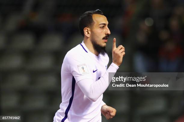 Kostas Mitroglou of Greece celebrates scoring his teams first goal of the game during the FIFA 2018 World Cup Group H Qualifier match between Belgium...
